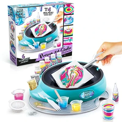 Imagen de Pouring Art Studio, estudio todo en uno, 5 pinturas acrílicas, 4 lienzos blanco, 15 herramientas + accesorios, 6 técnicas de pintura, más años
