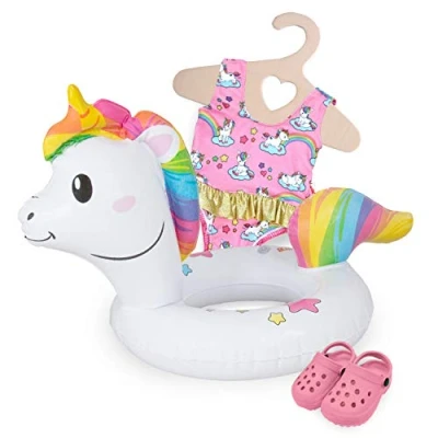 Imagen de Heless 661 Set de natación para muñecas, 3 piezas, motivo unicornio Henri, traje baño, zuecos y anillo natación, talla 28 35 cm, divertirse nadando en los calurosos días verano