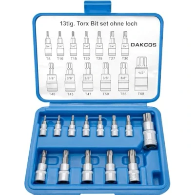 Imagen de DAKCOS Juego de 13 llaves vaso Torx T8 T60 1/4 3/8 1/2 pulgadas, Cr V
