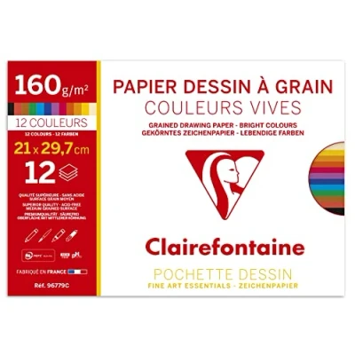 Imagen de Clairefontaine 96779C Pochette Dessin Scolaire 12 Feuilles Papier à Grain Couleurs Vives Assorties A4 21x29,7 cm 160g Idéal pour les Arts Plastiques