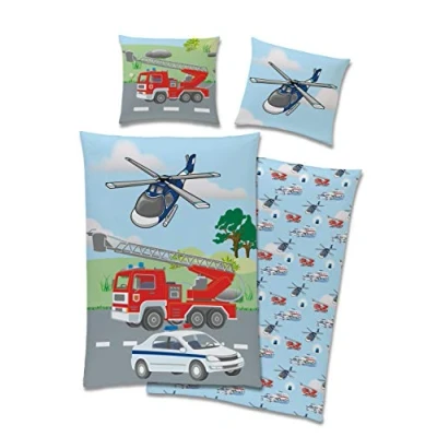 Imagen de TexIdea Juego de ropa cama con diseño reversible policía y bomberos, funda nórdica 135 x 200 cm, almohada 80 100% algodón