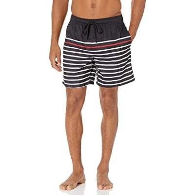 Imagen de Amazon Essentials Bañador de Secado Rápido 18 Cm colores interrumpidos Hombre, Negro Blanco Rayas, M