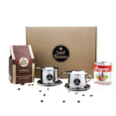 Imagen de Juego de inicio para café vietnamita VietBeans &quot;Desayuno dos&quot; 250 g molido tradicional + 2 x filtro acero inoxidable (Phin) leche condensada dulce