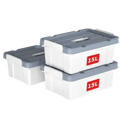 Imagen de Cetomo 15L*3 Caja de Almacenamiento con Asa, Plástico Tapa y Cierre Seguro, Contenedor Almacenamiento, Duradera, Apilable, Resistentes, Blanco, Paquete 3 15L