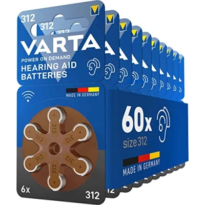 Imagen de VARTA pilas para aparatos auditivos tipo 312 marrón, paquete de 60, Power on Demand, batería audífono, botón audífonos, Made in Germany