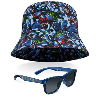 Imagen de Marvel Gorro Pescador Niño Spiderman Avengers Conjunto Bucket Hat Sombrero y Gafas de Sol Niños UV 400 Gorra Proteccion Solar Playa Verano Talla Unica (Azul Avengers)