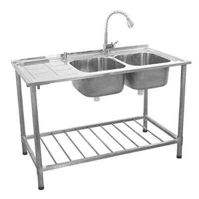 Imagen de KuKoo Fregadero de Cocina Independiente Doble Seno con Escurridor a la Izquierda Acero inoxidable 120x79x60cm Dispensador Jabón Tapones Colador + Grifo GRATIS Lavaplatos 2 Senos+Escurridor