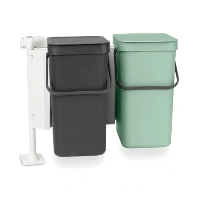 Imagen de Brabantia Cubo de Basura Sort &amp; Go 2x12L Papelera Empotrada Doble Tapa en Posición Abierta Asa Transporte Fácil Limpiar para Debajo la Cocina Grey/Jade Green 52 x 35 43 cm