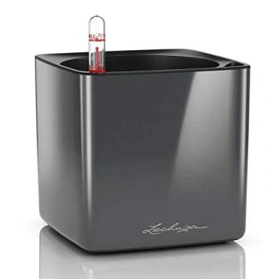Imagen de LECHUZA Cube, 14 maceta de riego automático, pequeña, para interiores sin agujeros drenaje, poliresina, H14 L14 W14 cm, color carbón brillante