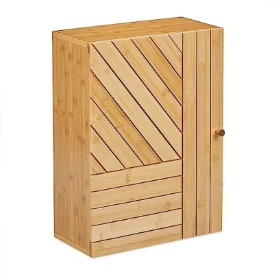 Imagen de Relaxdays Mueble de Baño para Pared con Puerta Montaje Variable, Bambú, Balda Regulable, 55 x 40 20 cm, Natural, Tablero Fibras