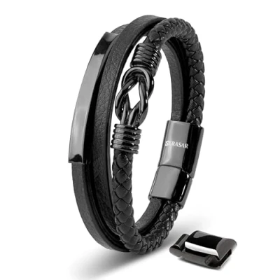 Imagen de SERASAR Pulsera 17cm Negro Hombre Cuero Joyas Trenzada Envoltura Cadena