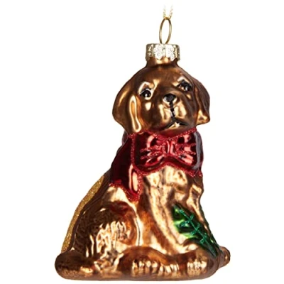 Imagen de BRUBAKER Golden Retriever con Lazo Rojo Vidrio Pintado a Mano Bola de Navidad Boca Soplada Figuras Decoración del Arbol Divertida Colgante 9,1 cm