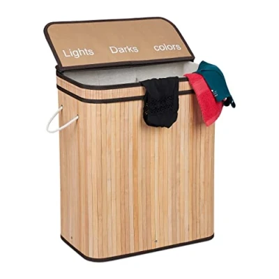 Imagen de Relaxdays Ropa Sucia, Bambú, 3 Compartimentos de 30 L, Cesta Colada con Tapa, Asas, 63x55x35 cm, Colores a Elegir, Poliéster