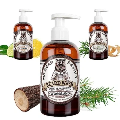 Imagen de Mr Bear Family Beard Shampoo Woodland Champu barba hombre natural 250ml más hidratación para una abundante y sana Jabon acondicionador 2 en 1 el cuidado