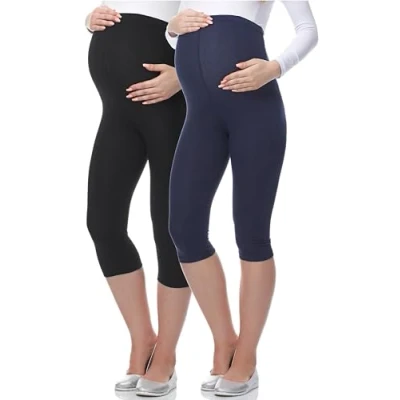 Imagen de Be Mammy Premamá Lote de 2 Leggins 3/4 Mallas Pirata Embarazo Lactancia Maternity Leggings Capri 03 (Negro/Azul Oscuro, L)