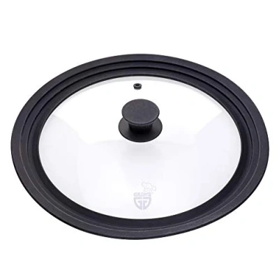 Imagen de GRÄWE Tapa de cristal universal negra 28 a 32 cm para ollas y sartenes, templado, mango silicona con salida vapor