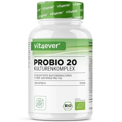 Imagen de Probio 20 Complejo de cultivos con cepas bacterianas + inulina orgánica 180 cápsulas recubrimiento entérico Bright JC Caps® 21 mil millones bacterias lácticas por dosis diaria Vegano
