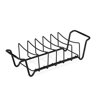 Imagen de Relaxdays Sostenedor de Ahorro Soporte Costillas Barbacoa, Cesta para Parrilla, Acero al Carbono, Uso Reversible, Rejilla Carnes, Negro, 11,5 x 44,5 18,5 cm