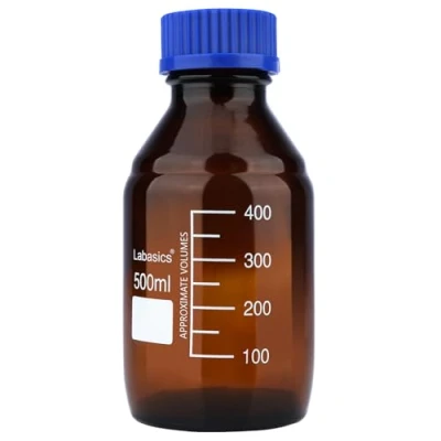 Imagen de Labasics Botellas de Almacenamiento Medios Reactivos, 1 PK Redondas Vidrio ámbar Graduadas para Reactivos Laboratorio con Tapa Rosca Azul, 500 ml