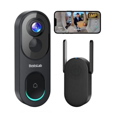 Imagen de BOTSLAB Timbre Inalámbrico con Cámara, 5MP, Visión 180, 210 Días de Duración la Batería, Sin Cuota Mensual, Audio bidireccional, Detección Personas, Impermeable, alertas, 2.4/5GHz