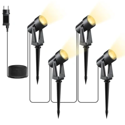 Imagen de Svater Focos LED Exterior, 46FT/14m 4x3W Jardin con Estaca,COB Blanco Cálido 3000K 1200lm 14V IP65 Impermeable, de Jardín al Aire Libre Iluminación Caminos para Césped, Patios