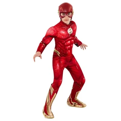 Imagen de Rubies Disfraz The Flash Deluxe para niños, Jumpsuit con pecho musculoso, cubrebotas y máscara, Oficial DC Comics, Carnaval, Halloween, Fiestas Cumpleaños, M