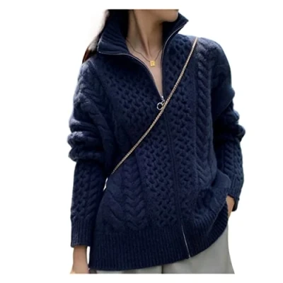 Imagen de VATIVA Mujer 100% cachemir suelta cremallera delgada suéter grueso de punto cachemira cuello alto (Color: Azul, Tamaño: M)