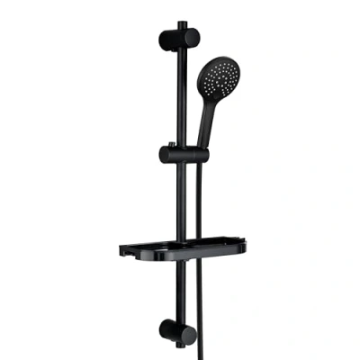 Imagen de Görbach Barra Ducha Negro 70 cm en Acero INOX 304 Columna con Estante Soportes de Fijación Ajustables,Sin Grifo,Con Mano 3 funcións (HBD12MB + Estante).