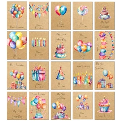 Imagen de the lazy panda card company Juego de 20 tarjetas cumpleaños pintadas en colores vivos acuarela, sin diseño dos veces, papel reciclado