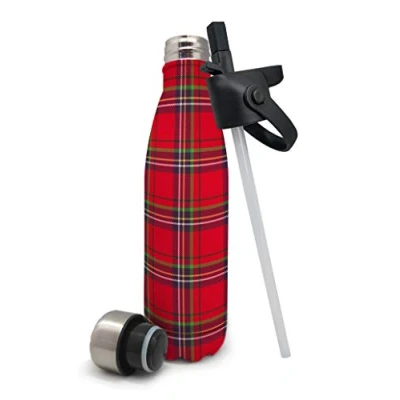 Imagen de NERTHUS Termo Doble Pared para Frios Y Calientes Diseño Cuadors Escoceses Rojos de Acero Inoxidable con Tapon Pajita, Rojo Escoces, 500 ml