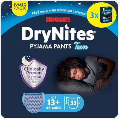 Imagen de Huggies DryNites pañales para niño 13+ (48 60 kg), Clínicamente probado con 5 capas de máxima protección nocturna, 3 packs 11, Total 33 desechables noche