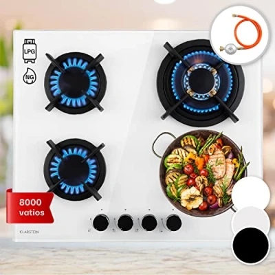 Imagen de Klarstein Cocina de Gas Butano, Placa 4 Fuegos 8000W, Vitroceramica Integrada para Cocina, Butano Diseño, Encimera Fogones con Base vidrio y Acero Inoxidable