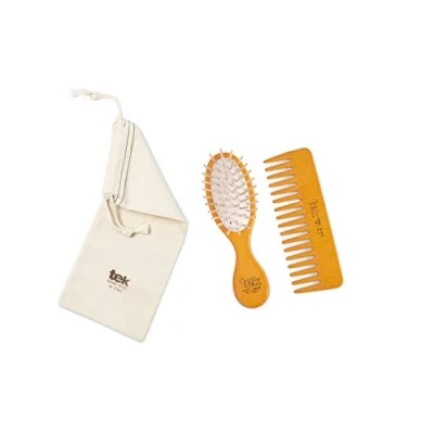Imagen de TEK Kit de Bolso: Cepillo Oval Pequeño y Peine Naranja Ralo con Bolsa Algodón, Hecho a Mano en Italia