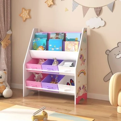 Imagen de [en.casa] Estantería para Niños Organizador de Libros y Juguetes Motivo Unicornio con 6 Cajas Aglomerado/Poliéster 74 x 62 27 cm Blanco Rosa/Púrpura