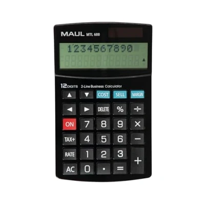 Imagen de MAUL Calculadora Comercial MTL 600, con Funciones comerciales, Pantalla de 12 dígitos 2 líneas, Incluye factura impuestos y función corrección, Solar/Batería, Negro