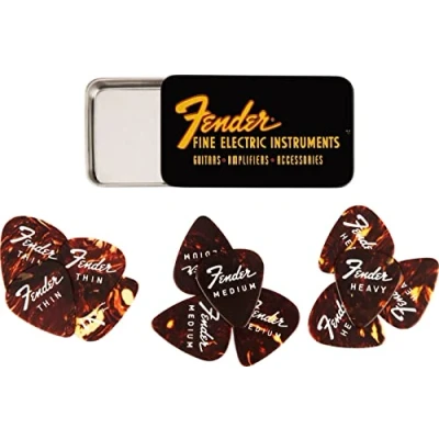Imagen de Fender® Fine Electric Pick TIN Púas en caja de coleccionista (12 unidades, celuloide, 351 formas, 3 grosores)
