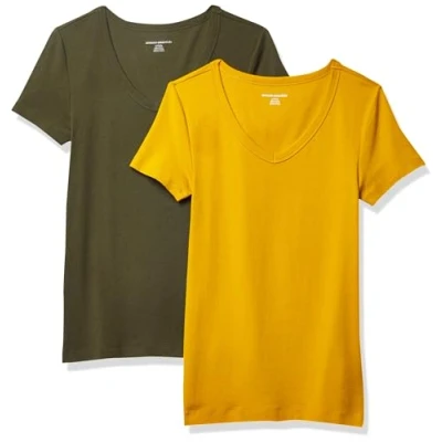 Imagen de Amazon Essentials Camiseta de Cuello en Pico Manga Corta y Ajuste Entallado Mujer, Pack 2, Dorado/Verde Oliva, XXL