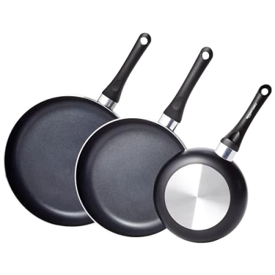 Imagen de Amazon Basics Set de sartenes antiadherentes, 3 Unidads 20 cm, 25 cm y 30 Negro