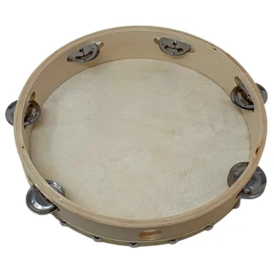 Imagen de ROCKSTAR Pandereta de Mano en Madera Color Natural TH1006T con Parche 6 Sonajas, (10&quot;) 25cm, Jingle. Instrumento Percusion