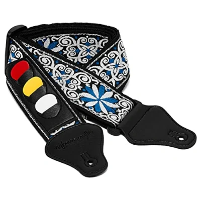 Imagen de World Rhythm WR 212 Correa de guitarra algodón con bordado azul floral para guitarras eléctricas, acústicas, clásicas y bajos soporte púas