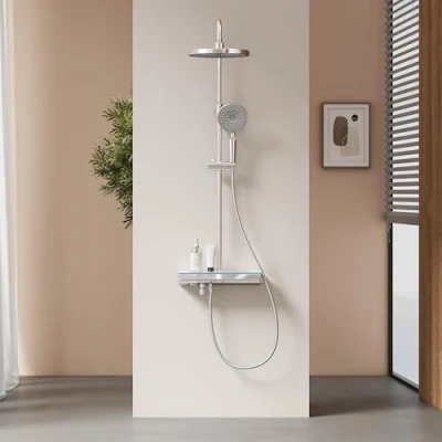 Imagen de EMKE Columna de Ducha Termostática con Lluvia y 3 Modos Manual, Cromado, Función en 1,Altura Adjustable 700 1100mm,Iluminación ambiental azul suave,375x420x1100mm