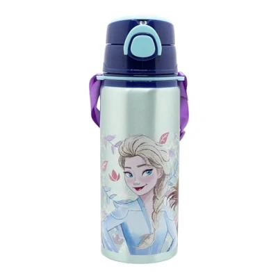 Imagen de Botella de agua infantil aluminio 730 ml con correa, asa, tapón y pajita Frozen