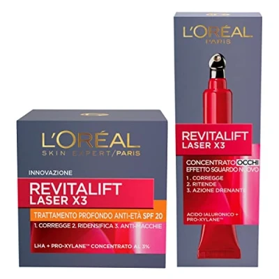 Imagen de L&#039;Oréal Paris Revitalift Laser X3 Tratamiento profundo antiedad SPF20 con ácido hialurónico y Pro Xylane + X3, crema para el contorno de ojos concentrada antiarrugas