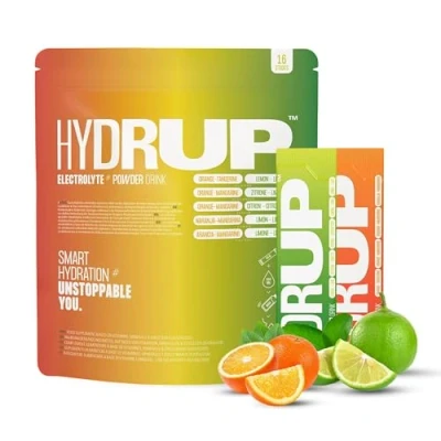 Imagen de Hydrup Electrolitos Sin Azucar en Polvo, 1733 mg de Hidratacion Naranja Mandarina y Lima Limón Altamente Concentrados con Vitaminas Minerales, 16 Unidades (Mix)