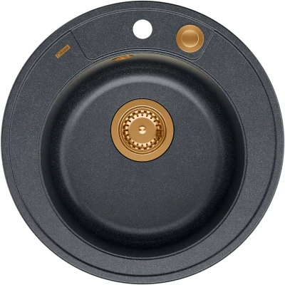 Imagen de QUADRON redondo fregadero de cocina negro y cobre tamaño 51 cm, granito MORGAN 210 empotrado con agujero para grifo un seno moderno