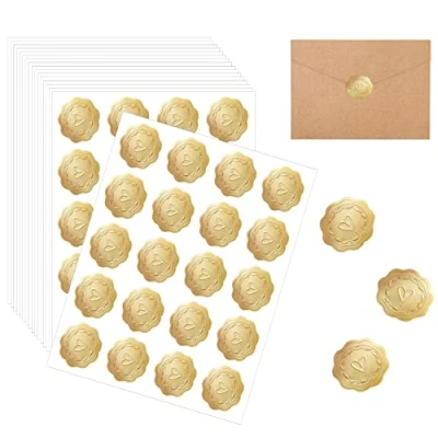Imagen de PFLYPF 340 piezas de pegatinas en relieve oro, redondas sello autoadhesivo, textura forma corazón, utilizadas para decorar sobres, postales y tarjetas