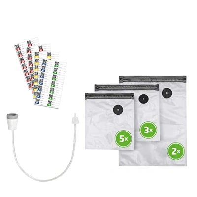 Imagen de Caso Vacu ZIP Adapter Set Accesorios de vacío compuesto por un adaptador ZIP, una manguera vacío, 10 bolsas y pegatinas Food Manager, blanco, transparente