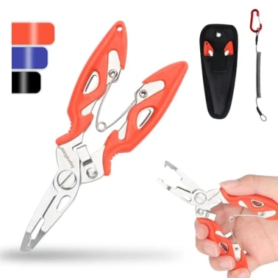 Imagen de supregear Alicates de Pesca Mini, Herramientas Multifunción Acero Inoxidable con Abre Anillos, Quita Anzuelos, Cortador Línea, Funda, Cordón, Accesorios Resistentes al Agua Salada
