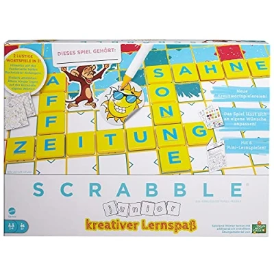Imagen de Mattel Games HCK86 Juego de crucigramas para niños Scrabble Junior con 2 Niveles Juego, 6 minijuegos y Pegatinas Personalizar, Mesa a Partir años