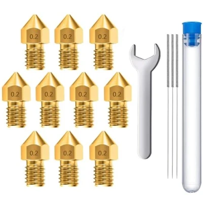 Imagen de MMOBIEL 10 Piezas 0,2 mm Latón MK8 Impresora 3D Boquillas Extrusión Compatible con Creality Ender Serie 3, 5, CR 10/10S, Macurbot, Incl. 3 agujas de limpieza llave